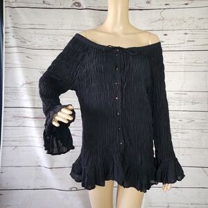 Vintage Raiment Fashions Black Crinkle Long Sleeve Shirt Large